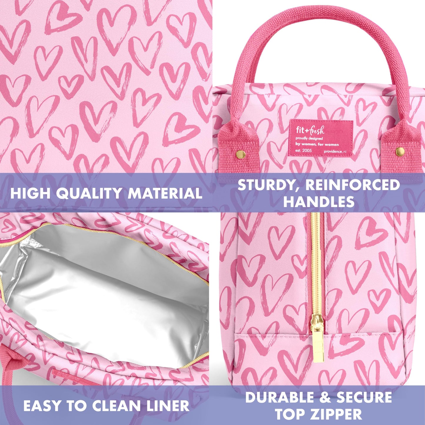 Fit & Fresh Bloomington Lunch Bag for Women - Insulated Large Lunch Box for Work with Containers, Leak-Resistant, Stain-Resistant, Zipper Closure, Pink Doodle Hearts