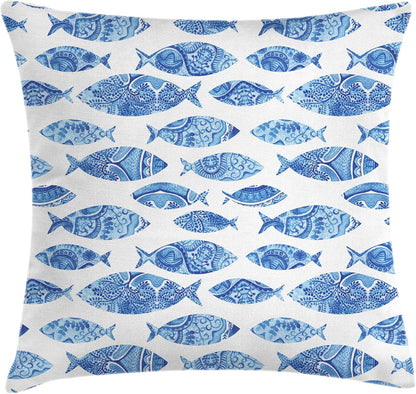 18" 18", Ambesonne Blue Throw Pillow Cushion Cover, Fish Sea Animal with Ottoman Ornate Mosaic Hand Drawn Style Marine