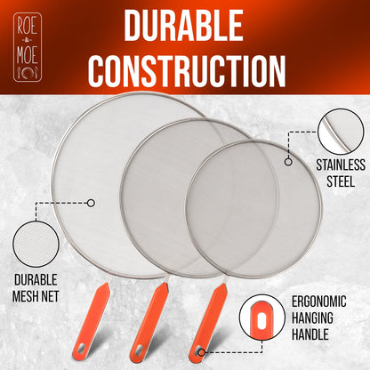 Roe & Moe Splatter Screens - Stainless Steel Splatter Screens for Frying Pan with Insulated Handles - Grease Splatter Guards For Frying Pan that Lets You Create Masterpieces with Ease (Pack of 3)