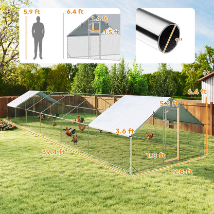 PawHut Large Chicken Coop Metal Chicken Run for Chickens with Waterproof and Anti-UV Cover, Spire Shaped Walk in Fence Cage Hen House for Outdoor and Yard Farm Use, 1" Dia, 39' x 10' x 6.4'