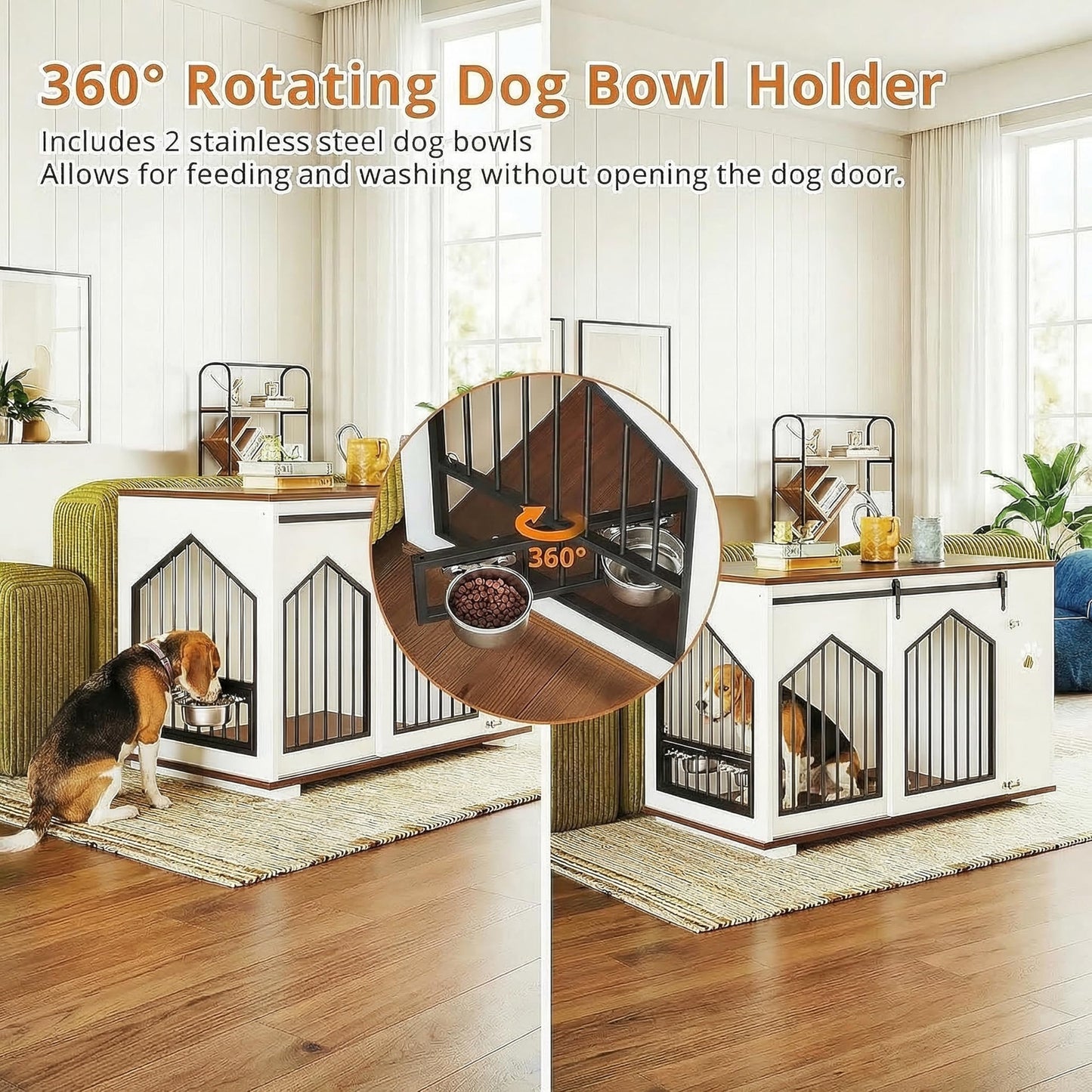 IRONCK Large Dog Crate Furniture with 2 Rotatable Dog Bowls, Wooden Dog Kennel with 2 Adjustable Shelves, Barn Doors Decorative Pet Cage Dog House as TV Stand, White