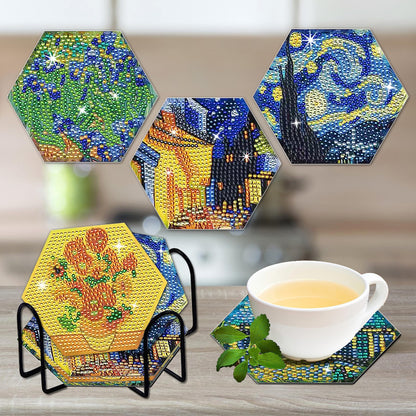 NUFTVI Van Gogh Diamond Painting Coasters Kit with Holder, 5D Full Crystal Diamond Art Coasters Kit for Adults. 6 PCS