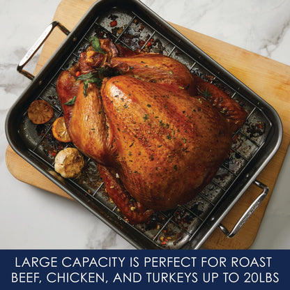 Rachael Ray Brights Hard Anodized Nonstick Roaster / Roasting Pan with Rack - 16 Inch x 12 Inch, Gray