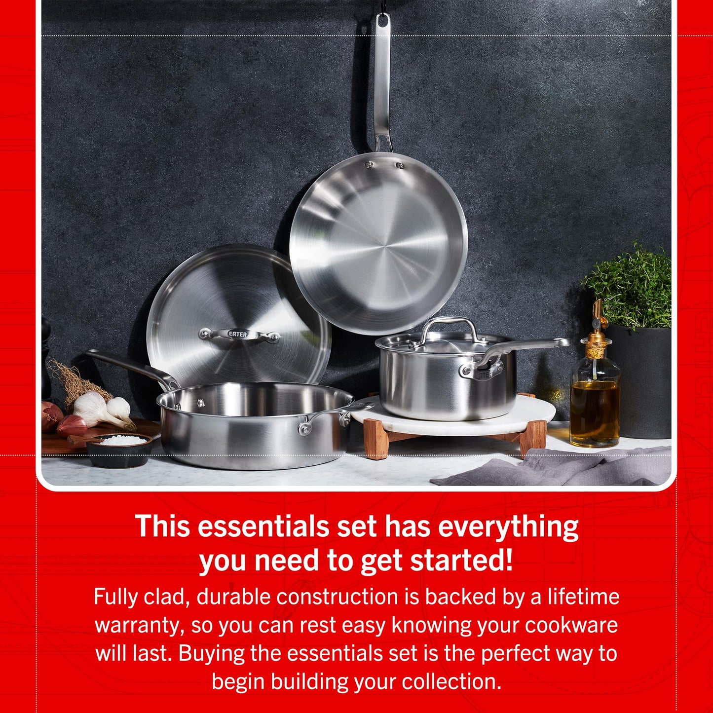 Heritage Steel Eater Series 5 Piece Essentials Set | Made in USA | 5 Ply Fully Clad Stainless Steel Cookware Set | Stay Cool Handle | Induction Ready & Non-Toxic