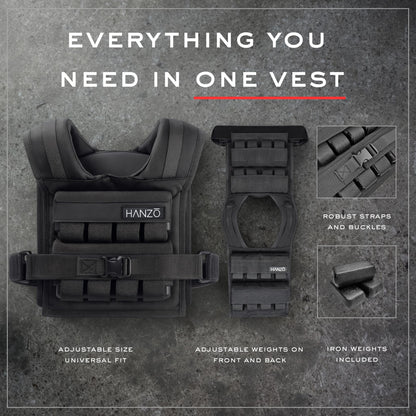 HANZO Weighted Vest for Men - Rucking & Strength Training Vest 25lbs–65lbs, Weight Vest With Removable Iron Weights, Adjustable Heavy Duty Weighted Workout Vest for Calisthenics & Fitness Training, Rucking Vest
