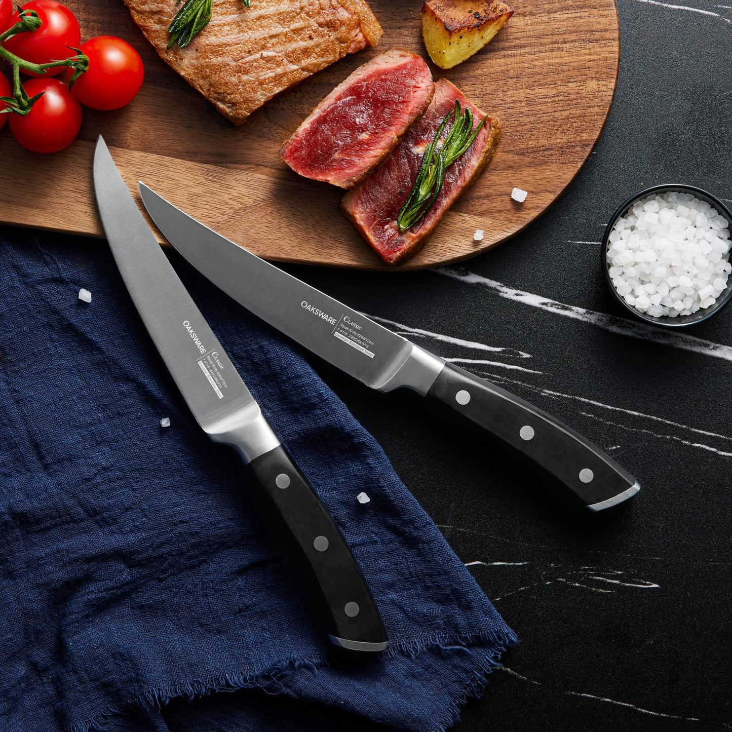 OAKSWARE Steak Knives, Non Serrated Steak Knife Set of 4, German Steel Steak Knife Set 5 Inch, 4 Pieces Professional Straight Edge Knives - Full Tang Ergonomic Handle
