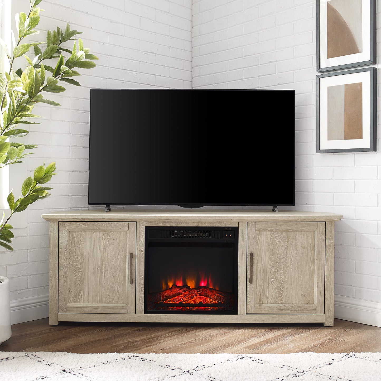 Crosley Furniture Camden Corner Fireplace TV Stand for 65+ inch TVs, Entertainment Center with Storage Shelves, Frosted Oak