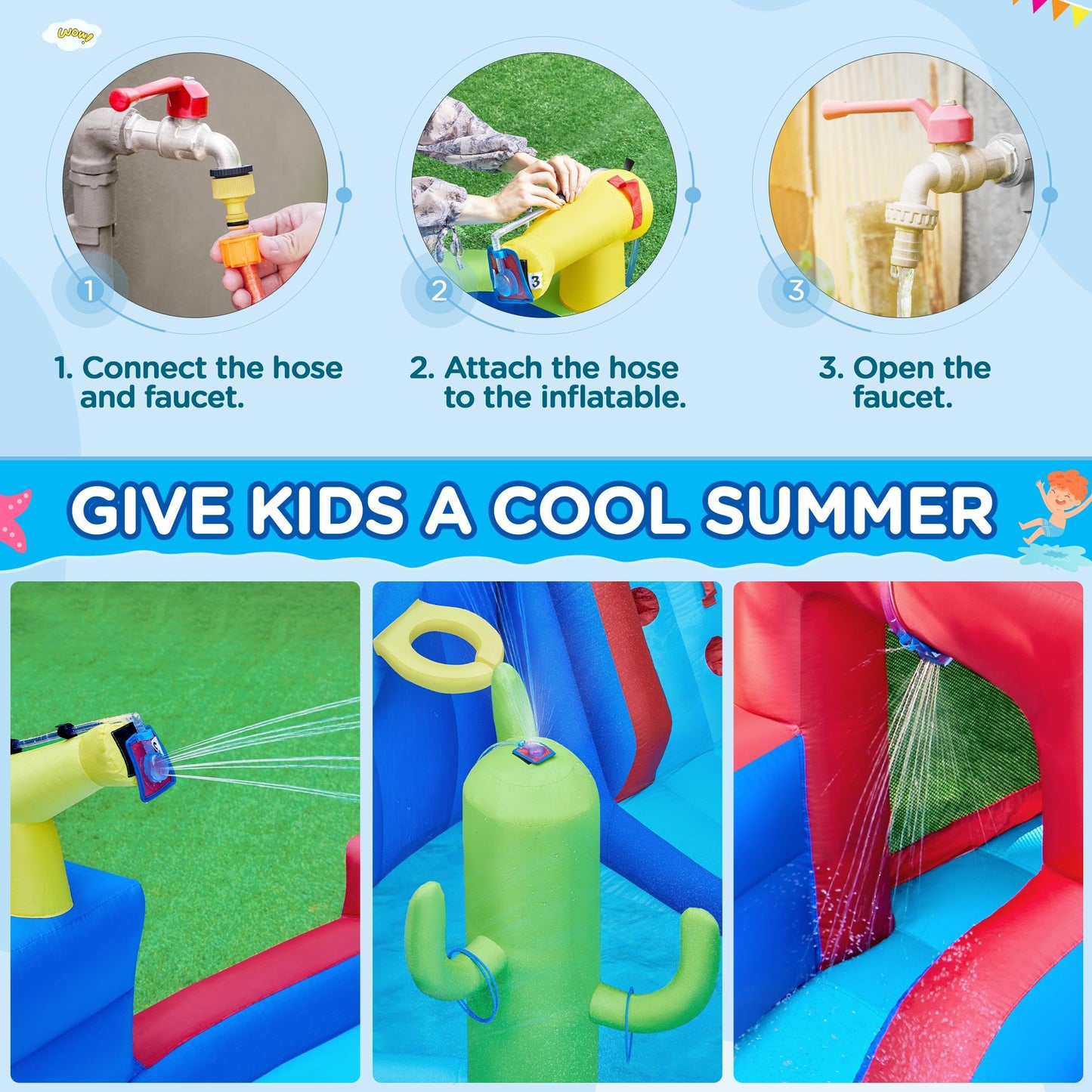 Yaheetech Inflatable Water Slide, Blow Up Water Slide Park Castle for Kids Aged 3-10 w/Splash Pool, Water Cannon, Ring Toss, Basketball, Surfboard and Climbing Wall, Water Slide with 520W Blower