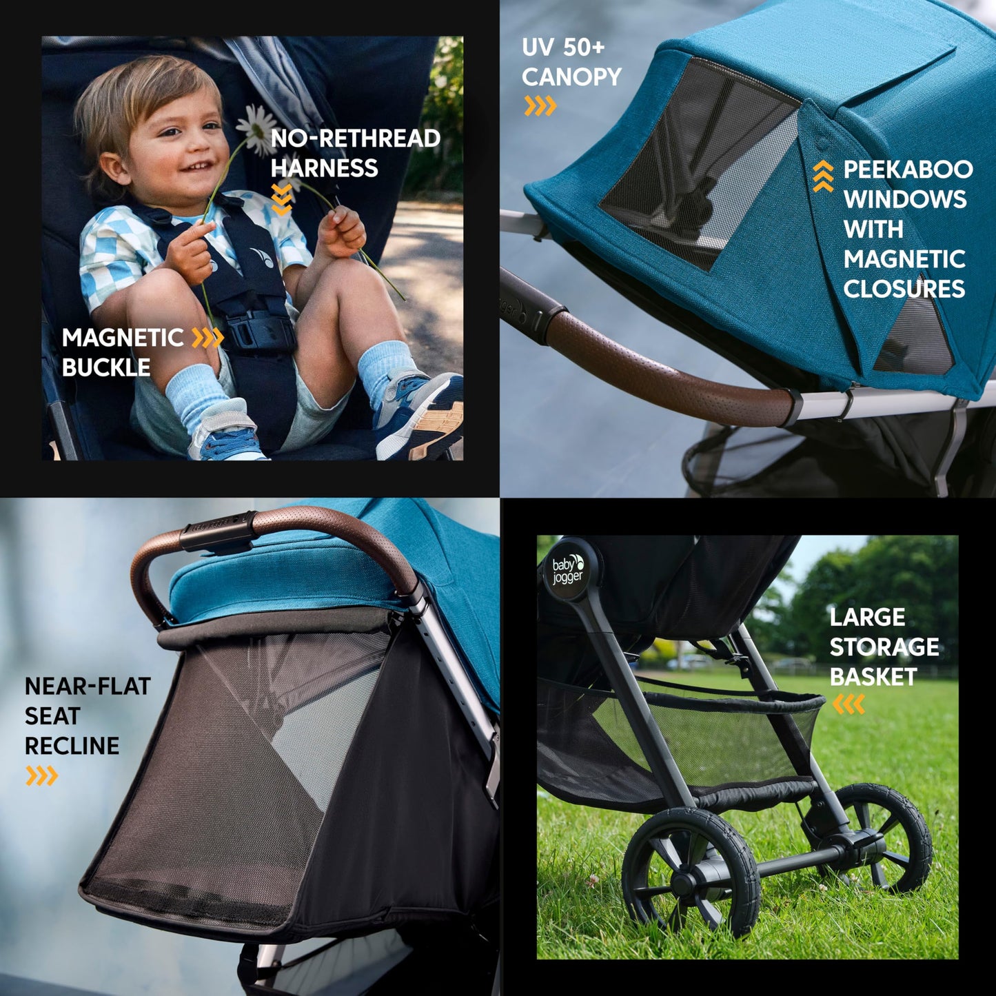 Baby Jogger® City Mini GT3 All Terrain Baby Stroller with Forever Air Rubber Tires, All Wheel Suspension, Lightweight Stroller with Magnetic Buckle, No-Rethread Harness, and Foot Brake, Rich Black