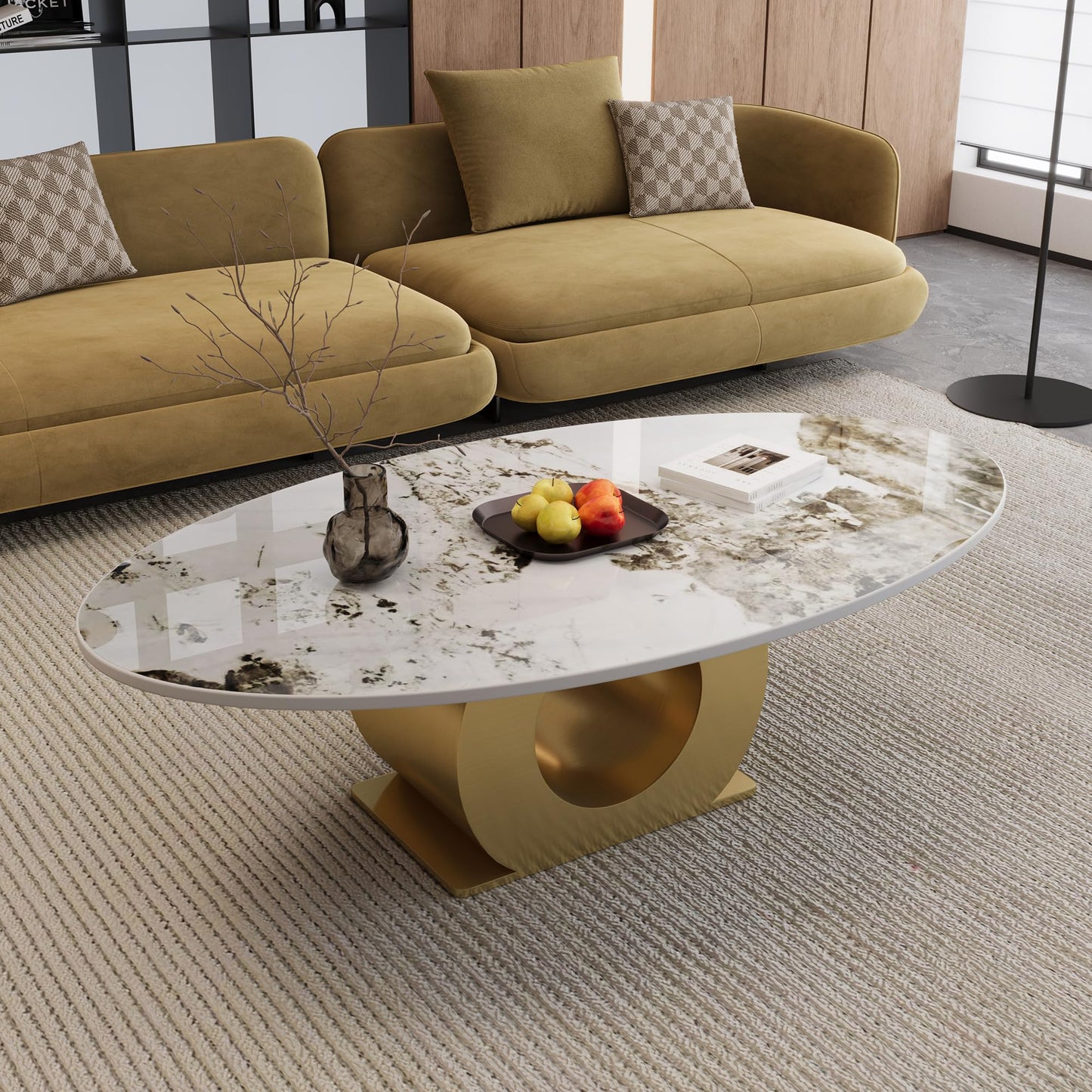 KEIKI 49.2" Modern Sintered Stone Coffee Table with Faux Marble Top & Stainless Steel O-Shaped Base, 15.6" Low Profile Industrial Center Table for Living Room, Contemporary Accent Table, White Gold