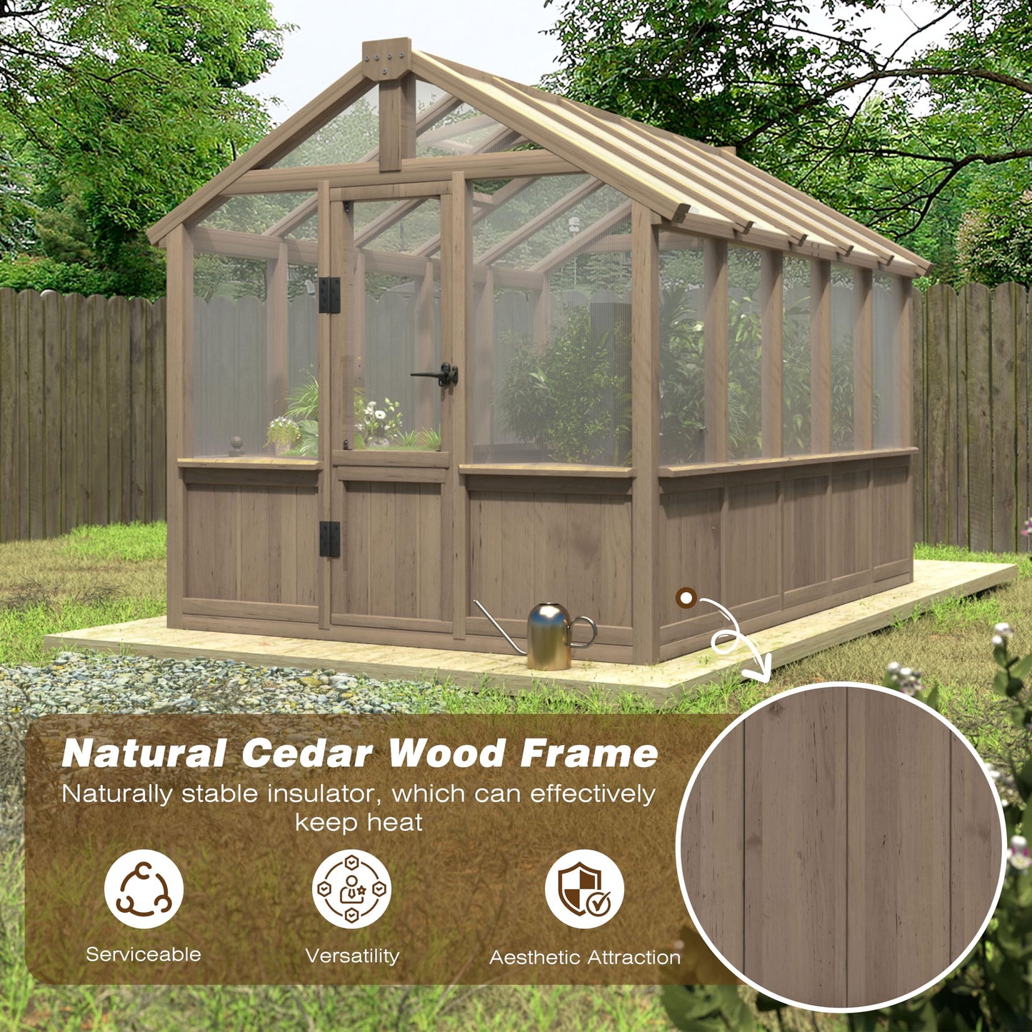 Yardenaler 6x10 FT Green House for Outdoor, 6MM Thick Polycarbonate Panel Wooden Walk-in Greenhouse Kit with Lockable Door and Adjustable Roof Vent, Backyard Garden, Light Mocha Brown