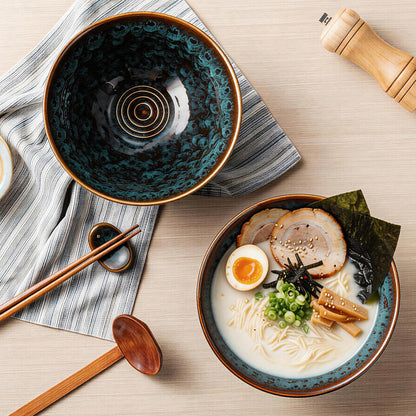 ArtifexCeram 8 Inch Ceramic Ramen Bowl Set of 2, 40oz Japanese Bowls with Spoons & Chopsticks,Durable,Microwave & Dishwasher Safe,Perfect for Ramen,Pho,Salad,Soup,Noodles，Mixing bowls（Verdigris Green）
