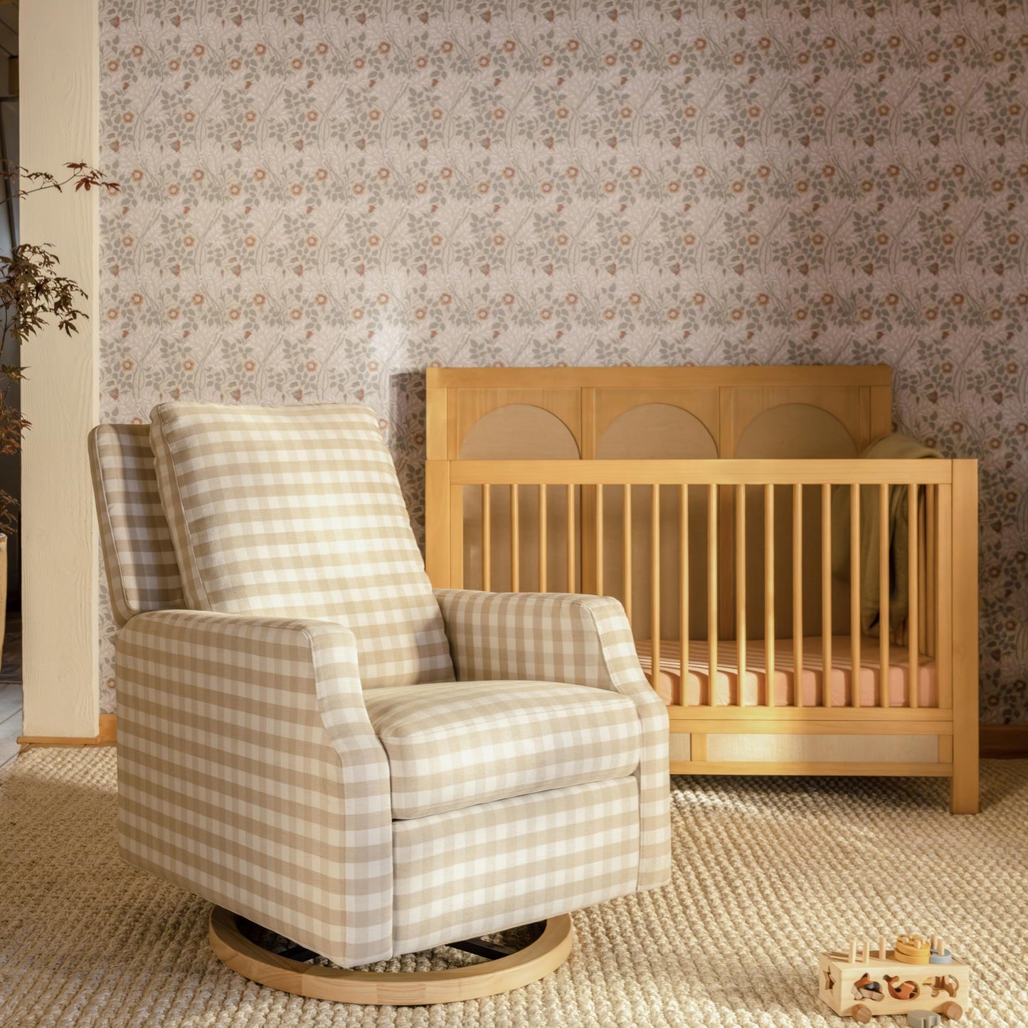 Namesake Crewe Glider Recliner Nursery Chair - GREENGUARD Gold & Certi-PUR US Certified Rocker Recliner - Glider Rocking Chair for Nursery & Living Room - Manual, 360° Swivel, Tan Gingham