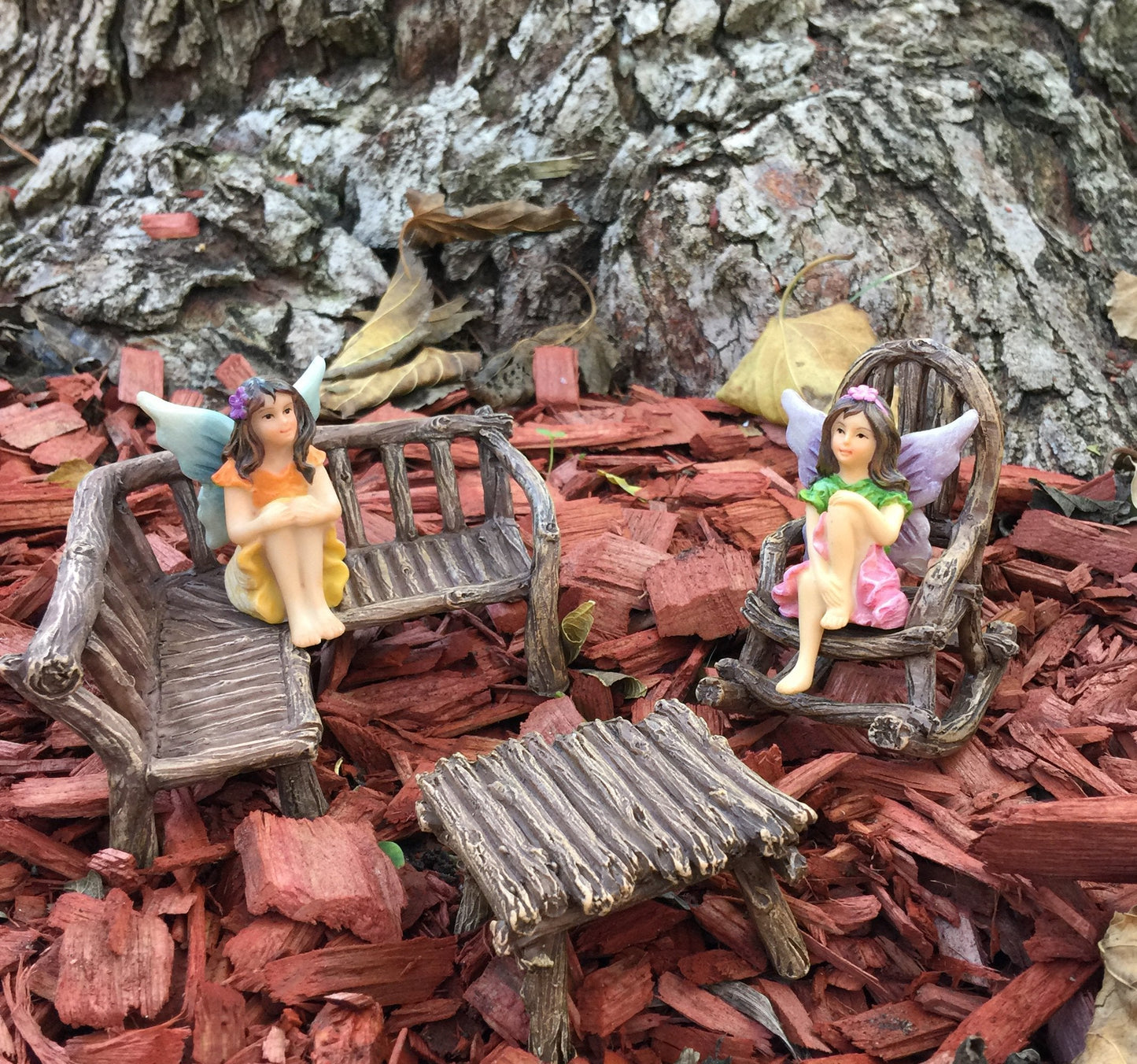 GlitZGlam Miniature Fairy Garden Furniture 3-Piece: Rustic Wood Bench, Rocking Chair and Miniature Table for The Garden Fairies