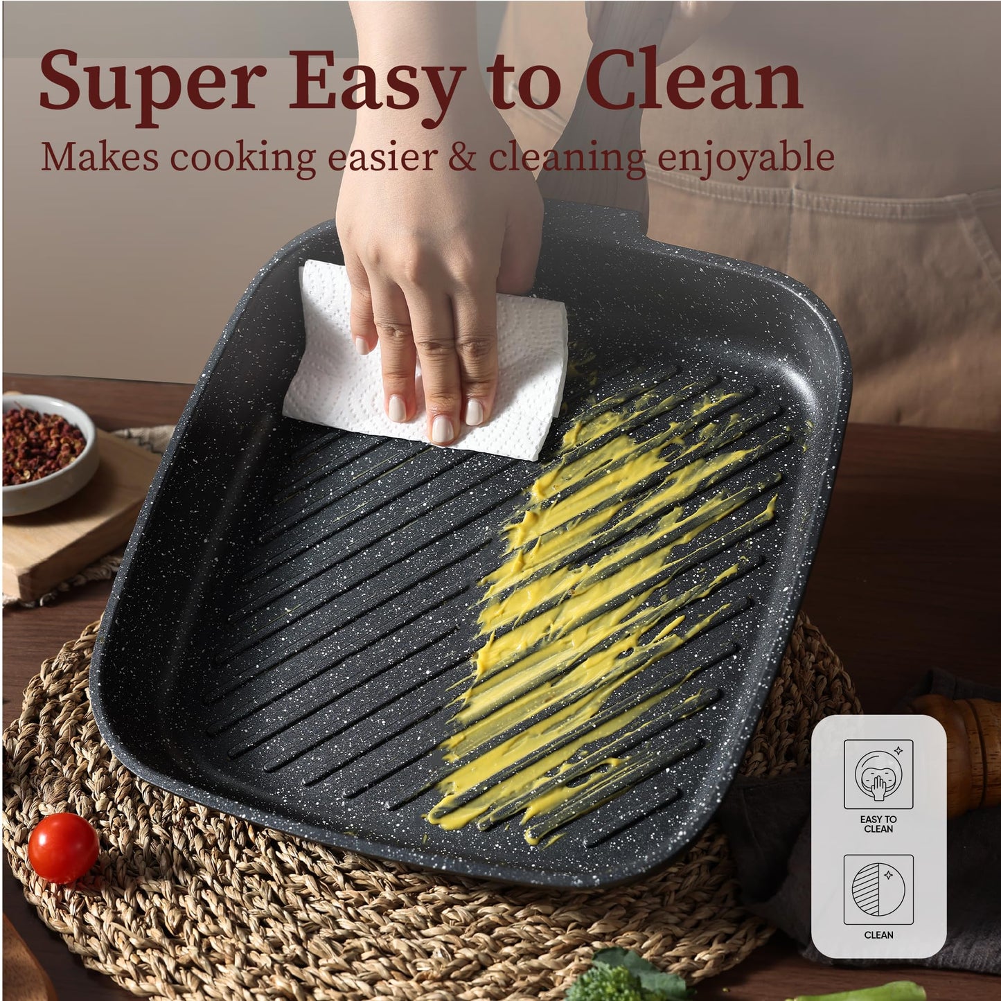 CAROTE 11 Inch Nonstick Grill Pan for Steak - Premium Granite Nonstick Coating, Square Grill Skillet, Indoor Outdoor RV Camping Use, Gas & Induction Safe, All Stovetops Compatible, PFOA Free, Black