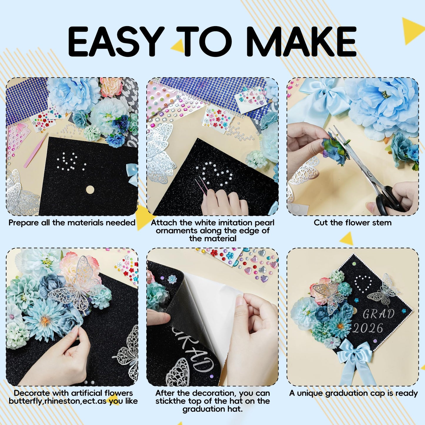 2026 Graduation Cap Decorations Kit,56 Pcs DIY Grad Cap Topper Decor Set with Artificial Flowers Bow 3D Butterflies Adhesive Glitter Letter Number Stickers Rhinestones for Graduation Decor