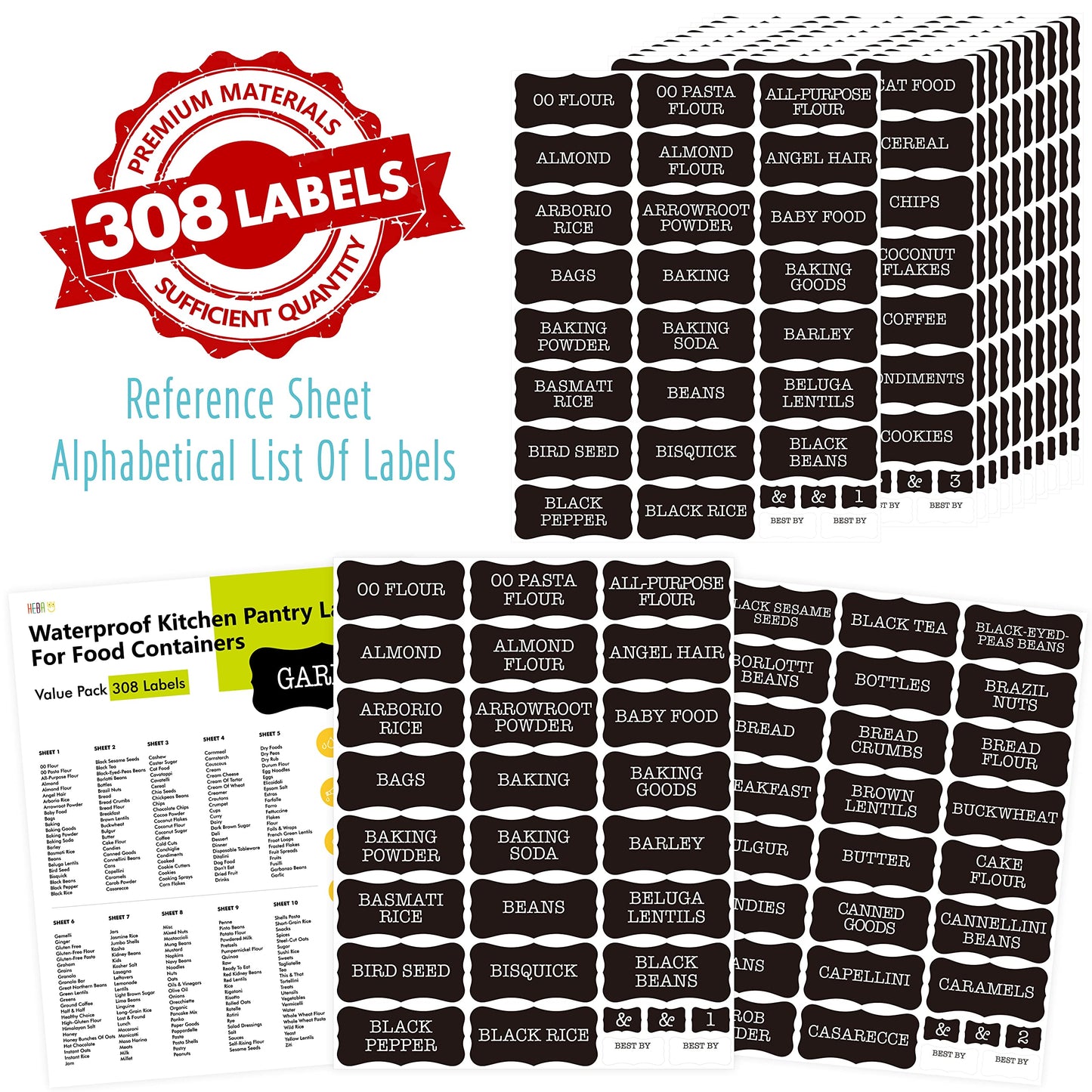 Hebayy 308 Pantry Food Labels, 280 Preprinted Flour Pasta Lentil Grain Condiment Oil Stickers, 28 Blank Ones, Waterproof Oil&Tear Resistant, No Residue for Kitchen Containers Jars(White on Black)