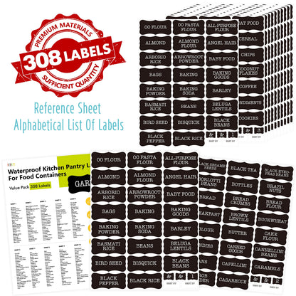 Hebayy 308 Pantry Food Labels, 280 Preprinted Flour Pasta Lentil Grain Condiment Oil Stickers, 28 Blank Ones, Waterproof Oil&Tear Resistant, No Residue for Kitchen Containers Jars(White on Black)