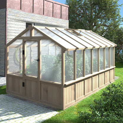 Yardenaler 8x14 FT Outdoor Greenhouse Kit, Wooden Greenhouses for Outdoors Walk-in Green House with 6MM Thick Polycarbonate Panel & Adjustable Roof Vents, Backyard Garden, Light Mocha Brown