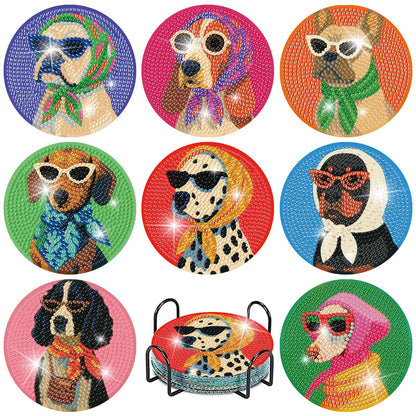 8 Pcs Dog Diamond Painting Coasters Kits with Holder,Dog Wearing Glasses Diamond Art Coasters with Wooden Pad,DIY Round Drill Rhinestone Painting Art Kit Craft for Adults Supplies Gift 4X4 Inch.