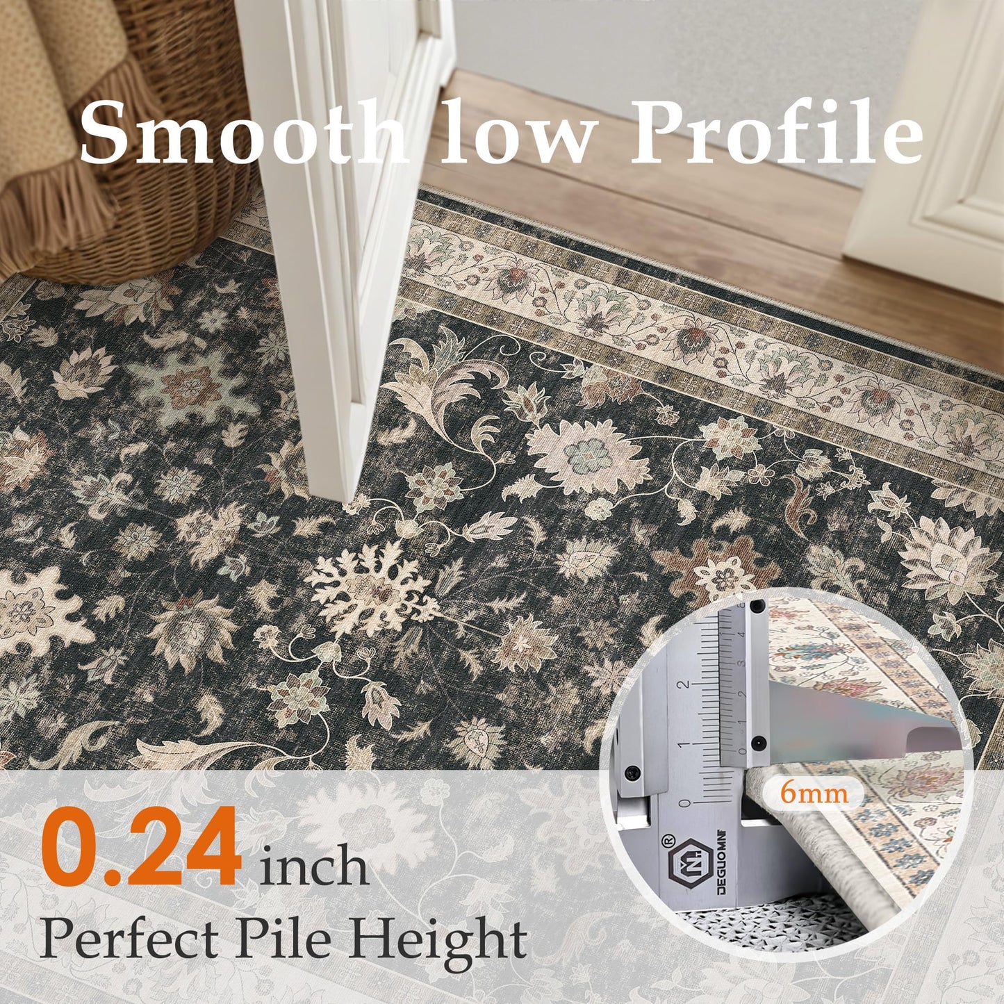 HUGEAR 2x6 Runner Rug Hallway Vintage Black Machine Washable Retro Floral Low Pile Carpet Vacuumable Distressed Long Throw Rug Bedroom Office Bathroom Kitchen Farmhouse Playroom Non Slip
