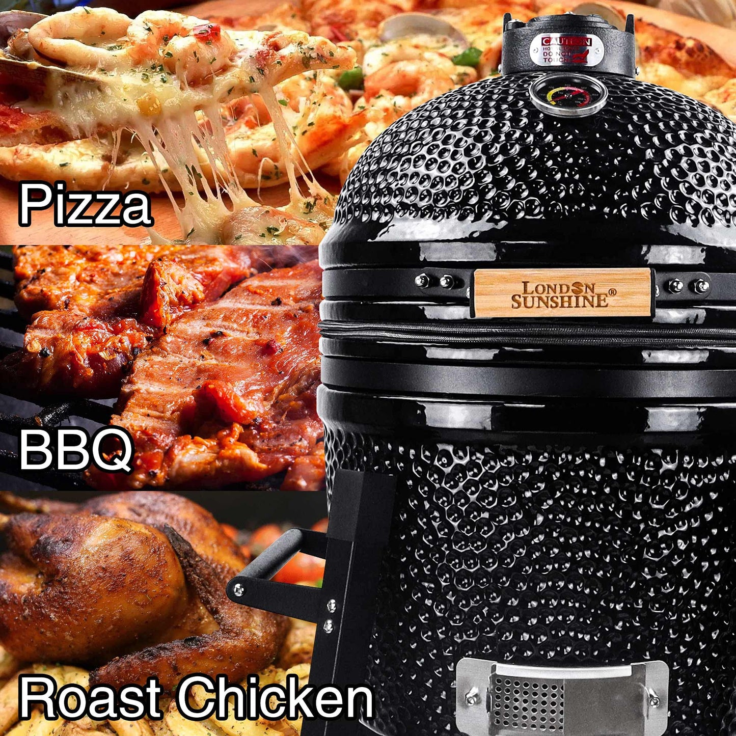 London Sunshine Ceramic Kamado Charcoal BBQ Grill and Smoker, Stainless Steel Grates -15" Ceramic with Tall Stand (BLACK)