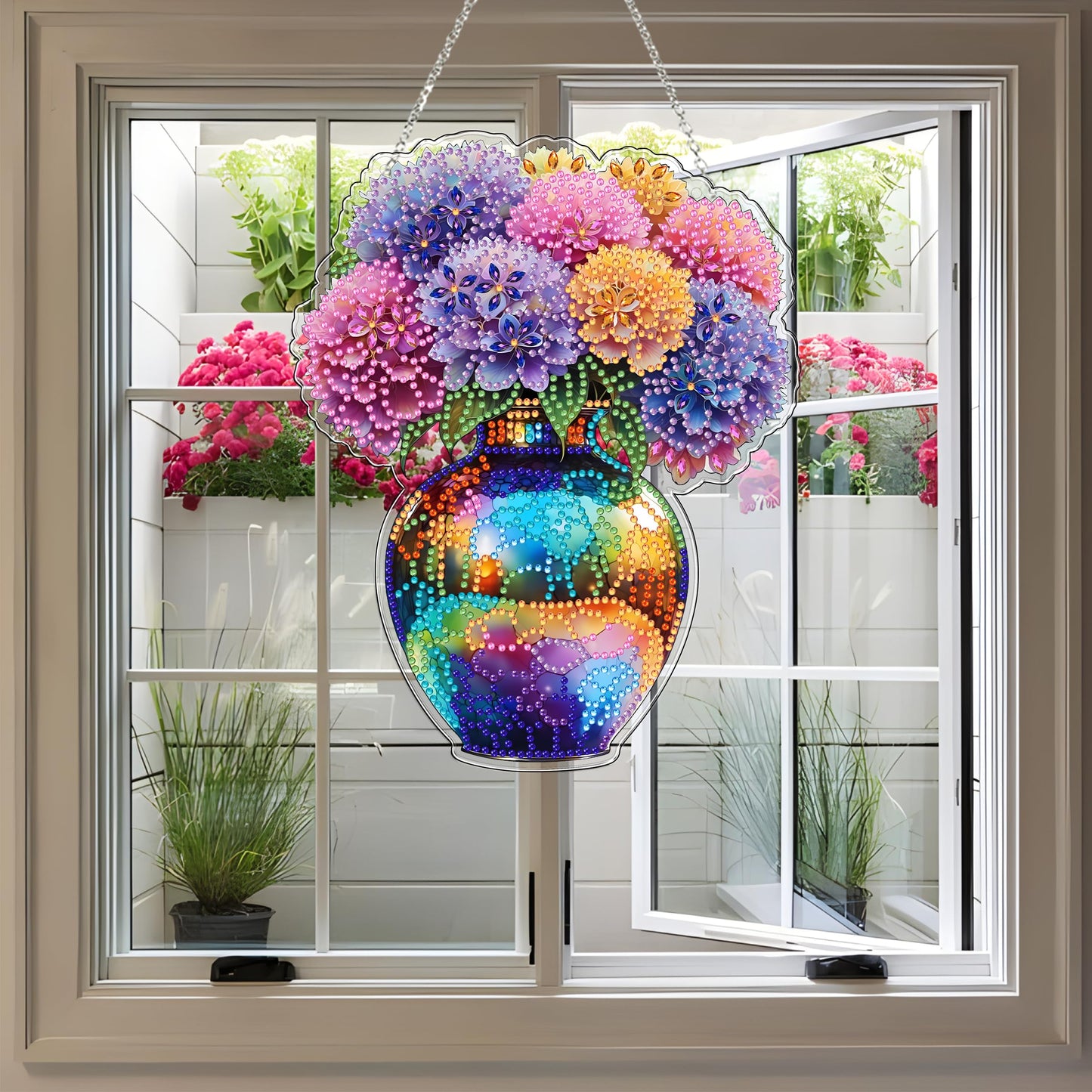 JJFox Diamond Art Hanging Kit for Adult,Special Shaped Rhinestone,DIY Acrylic Diamond Art Painting Window Pendants Home Garden Wall Hanging Kits Hanging Ornament,Double Sided (Vase)