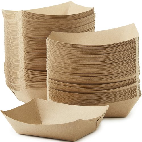 Eco Friendly USA-Made 3lb Food Holder Trays 500 Pk. Compostable Kraft Paper Container for Diners, Concession Stands or Camping. Best Sturdy 3 Lb Disposable Party Snack Boat for Nachos, Tacos or BBQ.