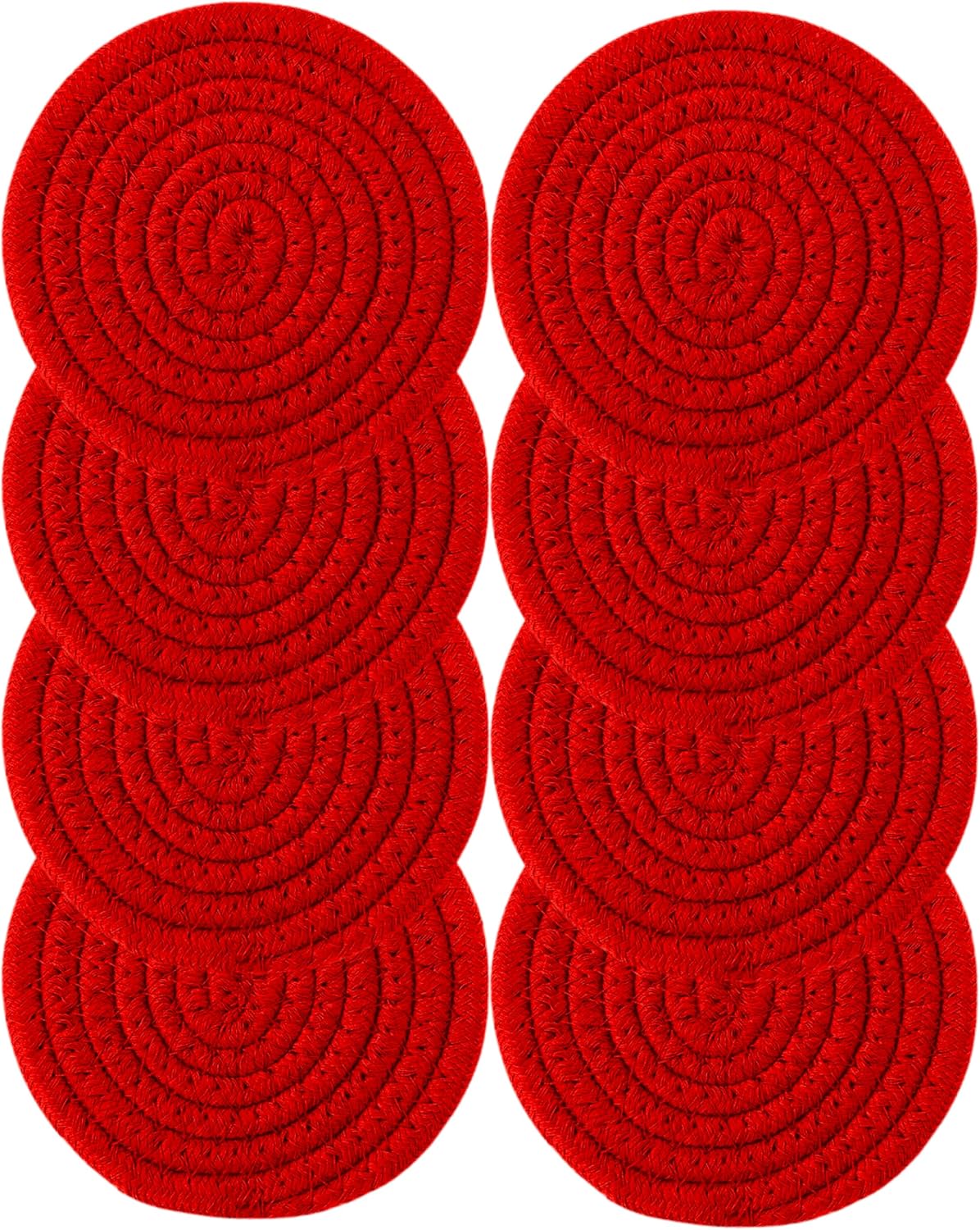 8PCS Red Handmade Cotton Round Woven Coasters - Absorbent Braided Cup Mats for Drink Home Kitchen Heat-Resistant