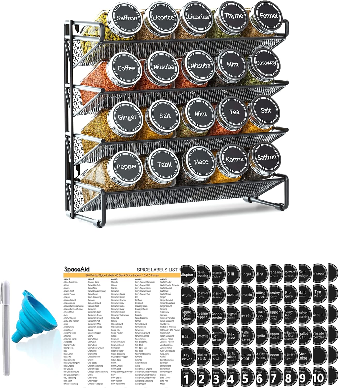 20 386 Set Countertop, 20 9.8" 10.8H, SpaceAid Spice Rack Organizer with Spice Jars, Spice Labels, Chalk Marker