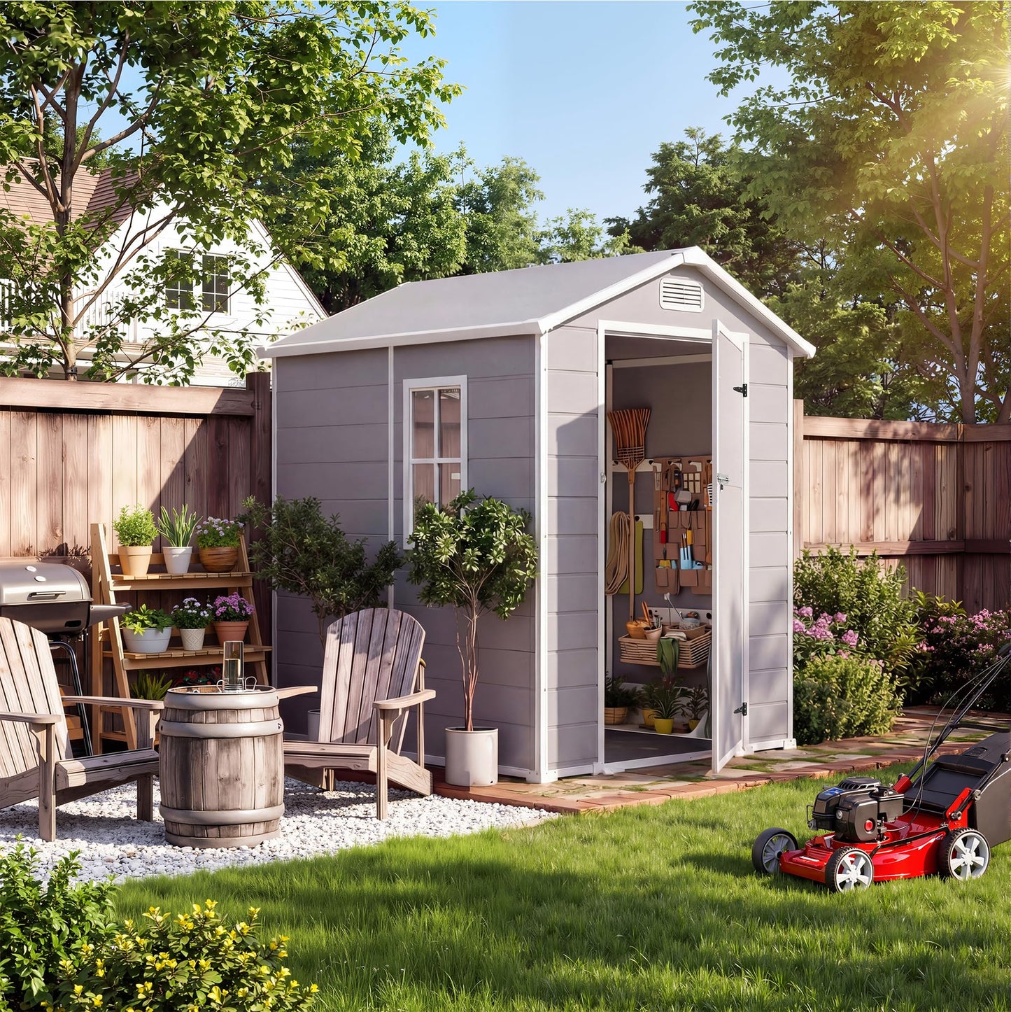 Outdoor Storage Shed with Floor, Plastic Resin Garden Shed with Window & Sloping Roof & Lockable Door for Patio Backyard Garden, Lawn Mower, Bike, Tool Storage (Light Gray, 4' x 6')
