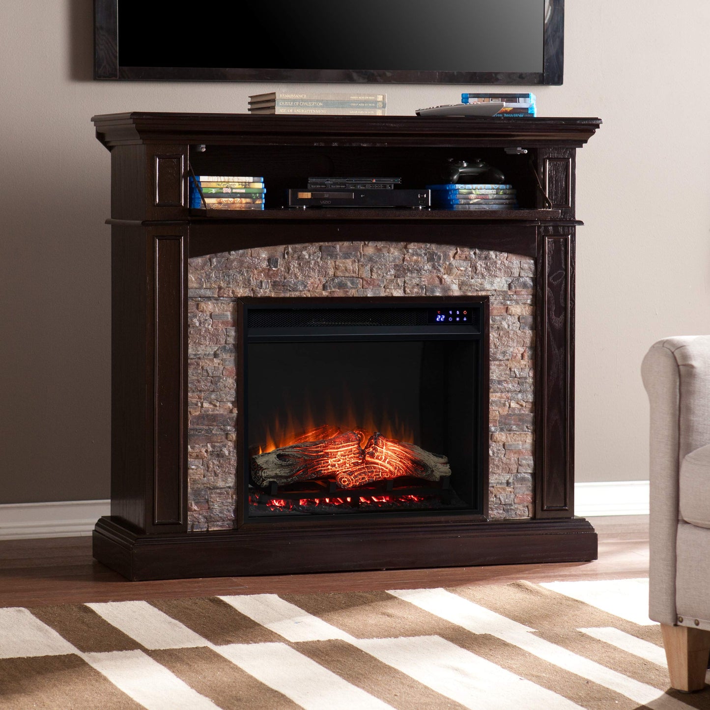 SEI Furniture - Grantham Convertible Touch Screen Electric Fireplace - Transitional Design, Brown Glass and Wood - Ideal for Living Room, Bedroom (FR9359)