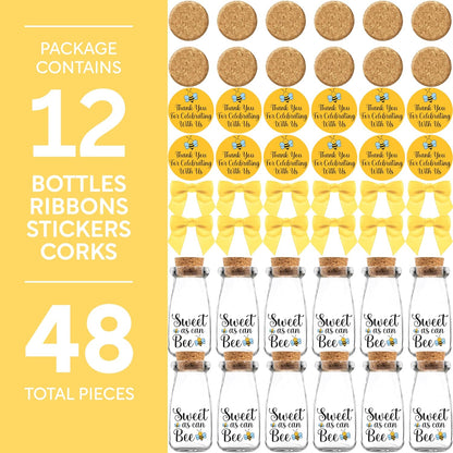 12 Pack Ethisa Vintage Bee Party Favor Glass Bottles with Ribbons and Stickers - Classy Baby Shower and Birthday