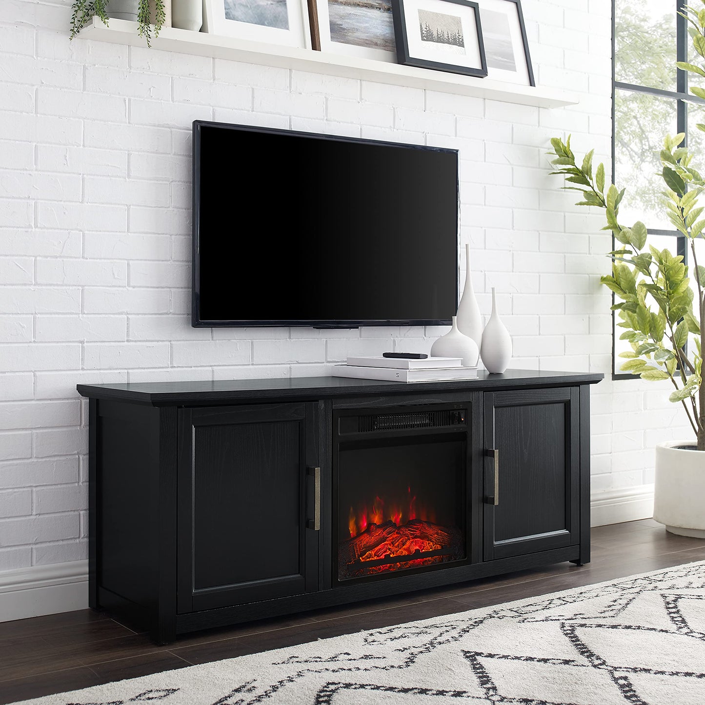 Crosley Furniture Camden Low Profile Fireplace TV Stand for 65+ inch TVs, Entertainment Center with Shelves, Black