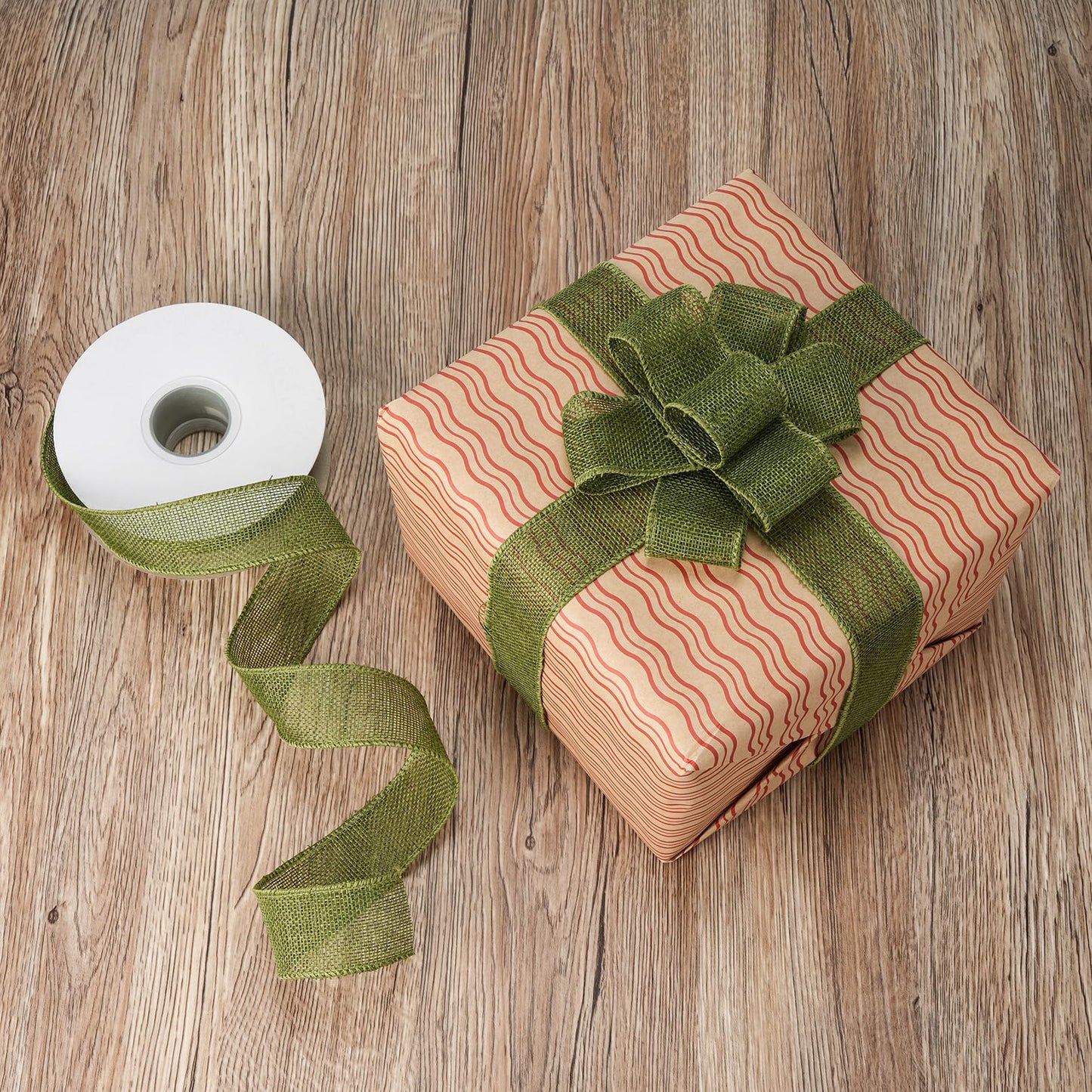 SDZMDL Moss Green Wired Ribbon, Burlap Ribbon with Wire Edge for Father's Day Big Bows, Wreath, Gift Wrapping, 1-1/2 Inchx20 Yards.