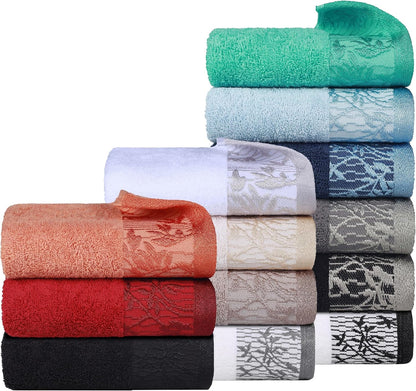 12 Set, 3 3 6 Superior Piece Cotton Towel Floral Jacquard Dobby Border, Quick Dry, Decorative Bathroom, Shower, Bath