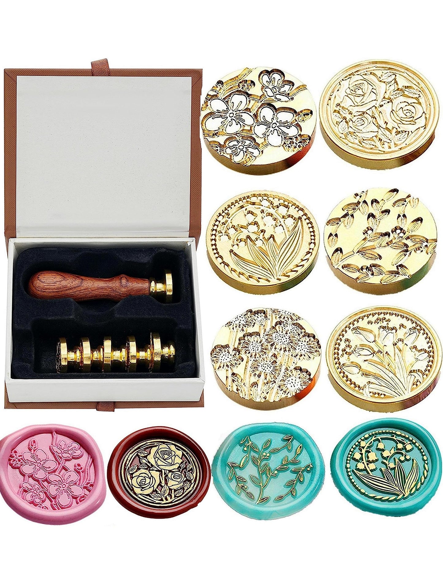 JUPPE 6pcs Flower Wax Seal Set, Cherry Blossom Rose Bell Orchid Branches Tulip Various Flowers Sealing Wax Stamps for Wedding Invitation Birthday Party
