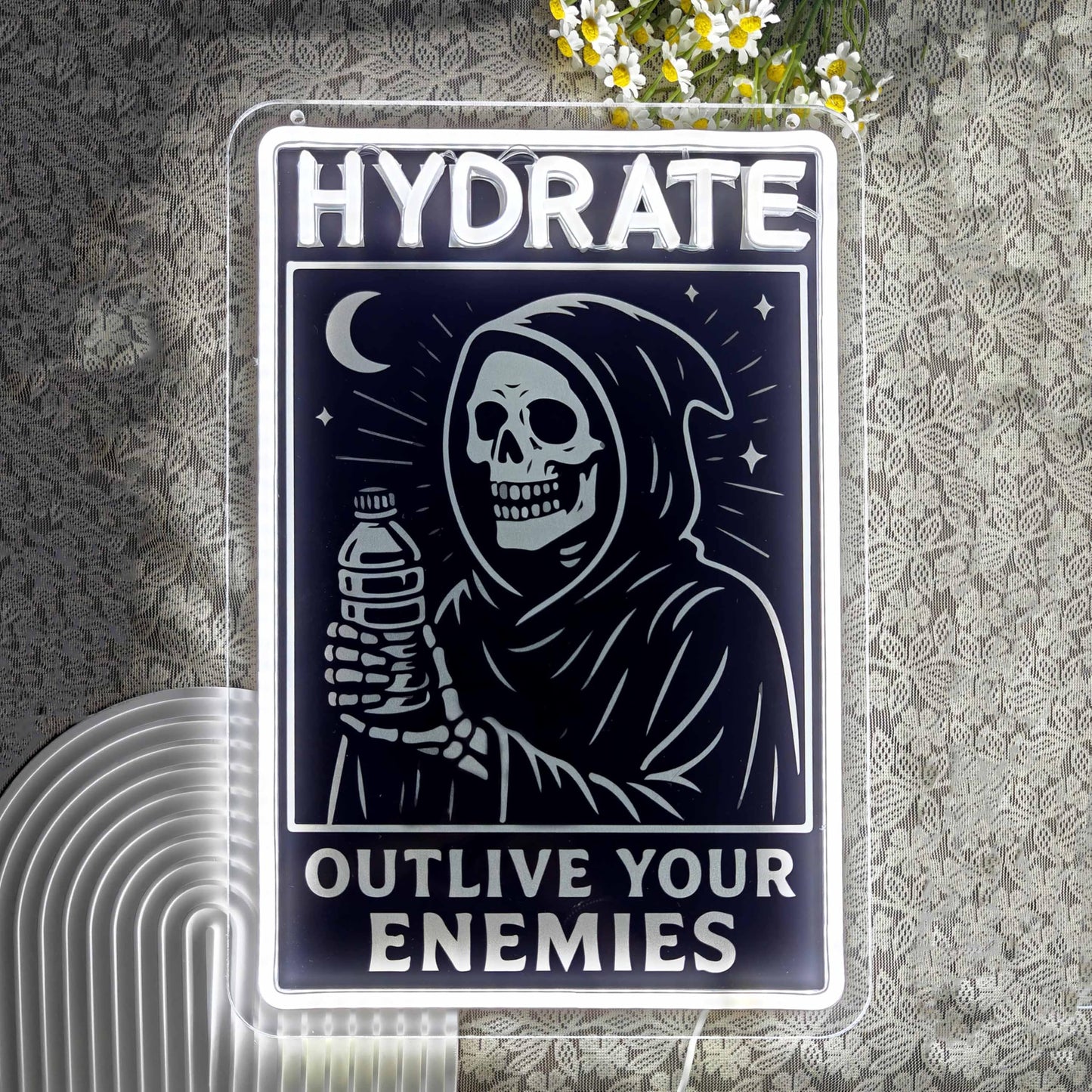 Grim Reaper "Hydrate" LED Neon Sign, Gothic Room Decor Aesthetic, Cool Neon Signs for Gaming Room, White Dimmable Acrylic Light with Printed Skeleton Art, 16.53x11.22"