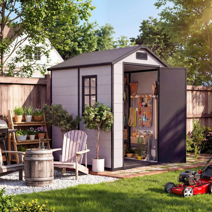 Outdoor Storage Shed with Floor, Plastic Resin Garden Shed with Window & Sloping Roof & Lockable Door for Patio Backyard Garden, Lawn Mower, Bike, Tool Storage (Grayish White + Black, 4' x 6')