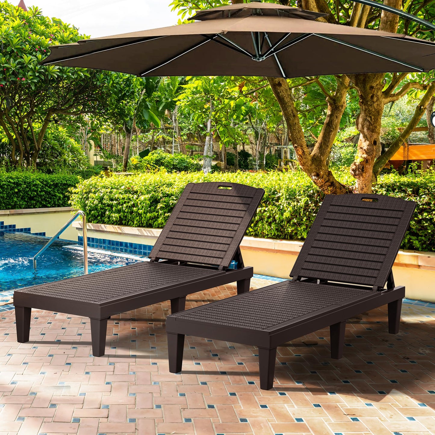 YITAHOME Outdoor Chaise Lounge Chair, Plastic Pool Chaise Lounge with 5-Position Backrest, Easy Assembly & Waterproof for Patio & Poolside, Set of 4, Brown