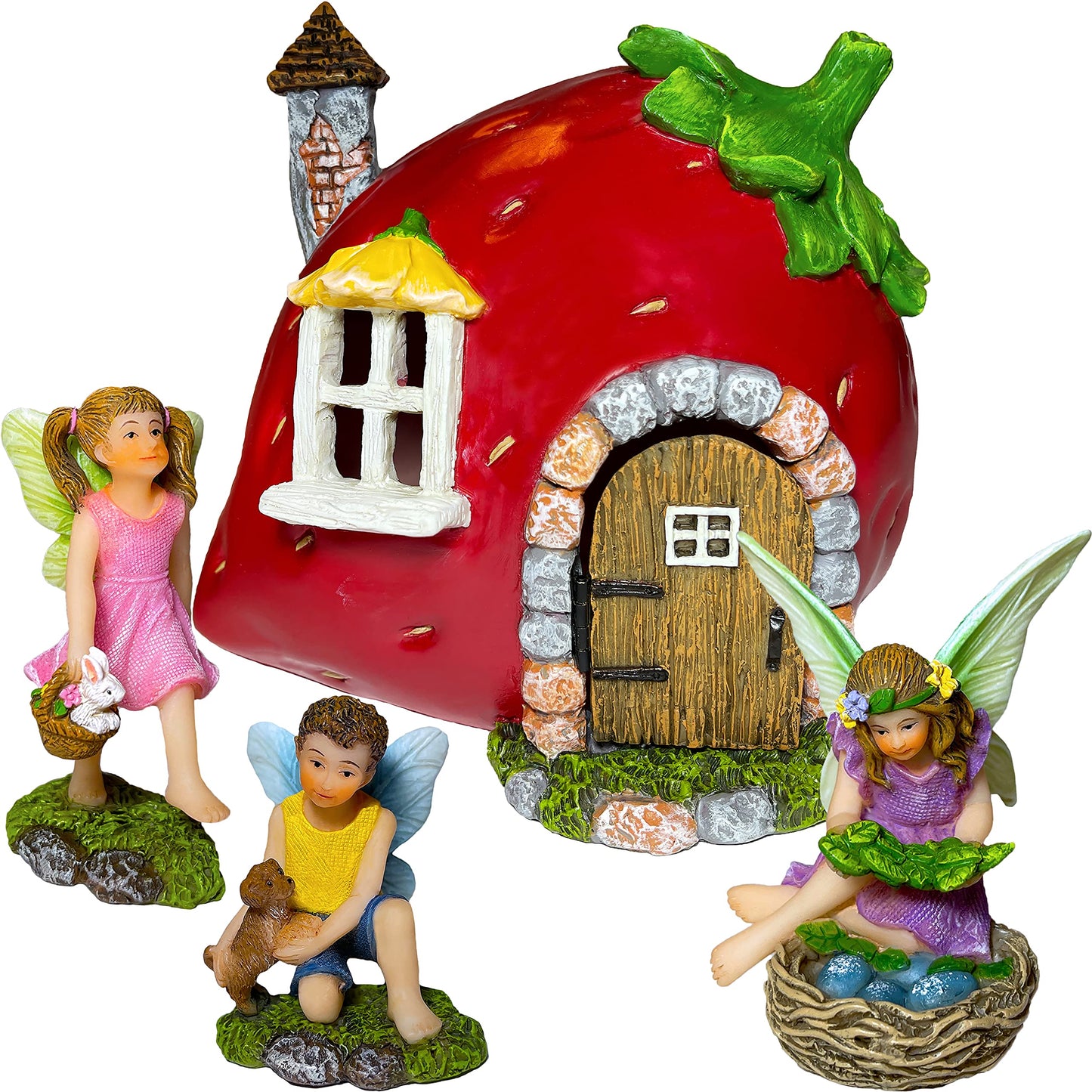 Mood Lab Fairy Garden Figurines - Strawberry House Set (4 pcs) - Miniature Decorative Statues & Accessories - Outdoor & Indoor Garden Decor