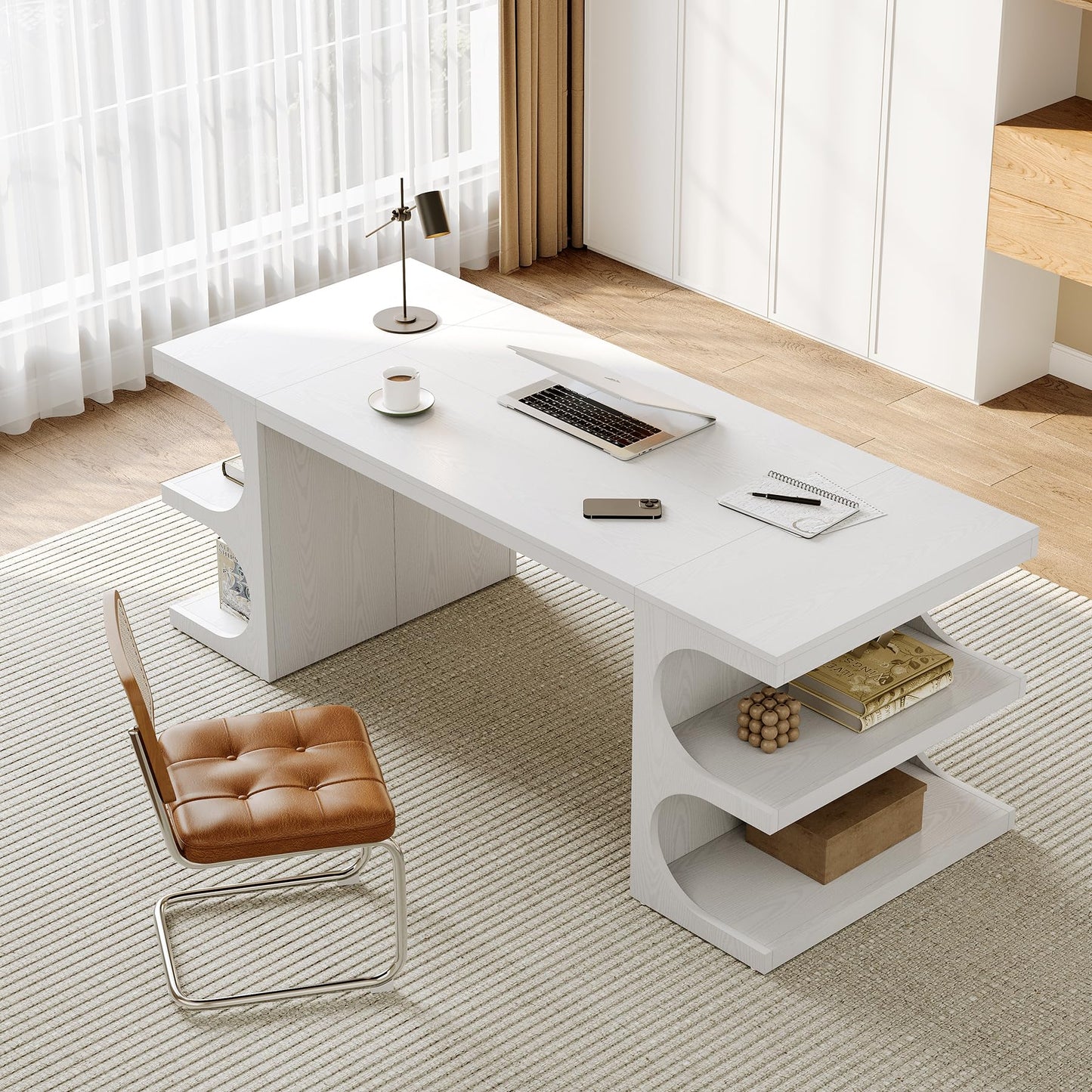 LITTLE TREE 62.2-Inch Executive Desk, Modern Home Office Desks, Office Table with Storage Shelves for Workspace, Large Computer Desk, Long Contemporary Writing Desk, White