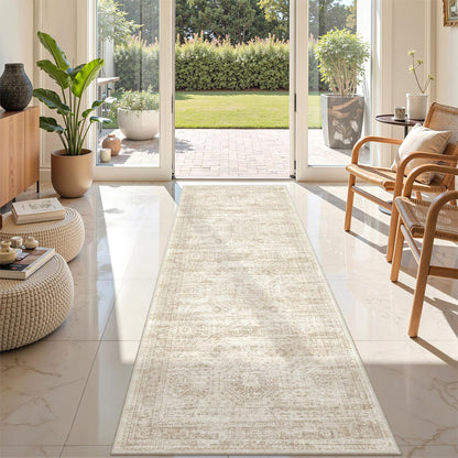 Restydon Rug Runners for Hallways Non Slip - 2x8 Runner Rug for Bedroom, Washable Runner with Rubber Backing, Soft Low-Pile Carpet for Kitchen, Laundry, Bathroom (2'x8', Beige/Ivory)