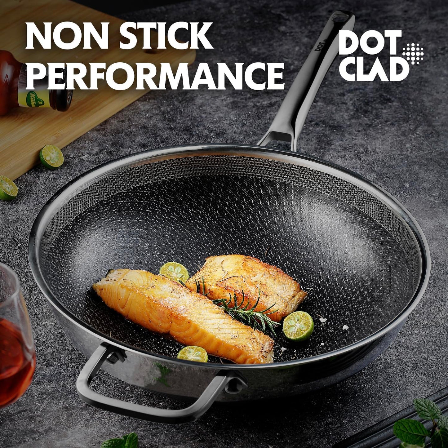 DOTCLAD Wok pan,Hybrid 12 inch Wok with Lid, PFOA Free Cookware,non stick Stainless Steel Woks & Stir-fry pans Nonstick, Dishwasher and Oven Safe, Works on Induction