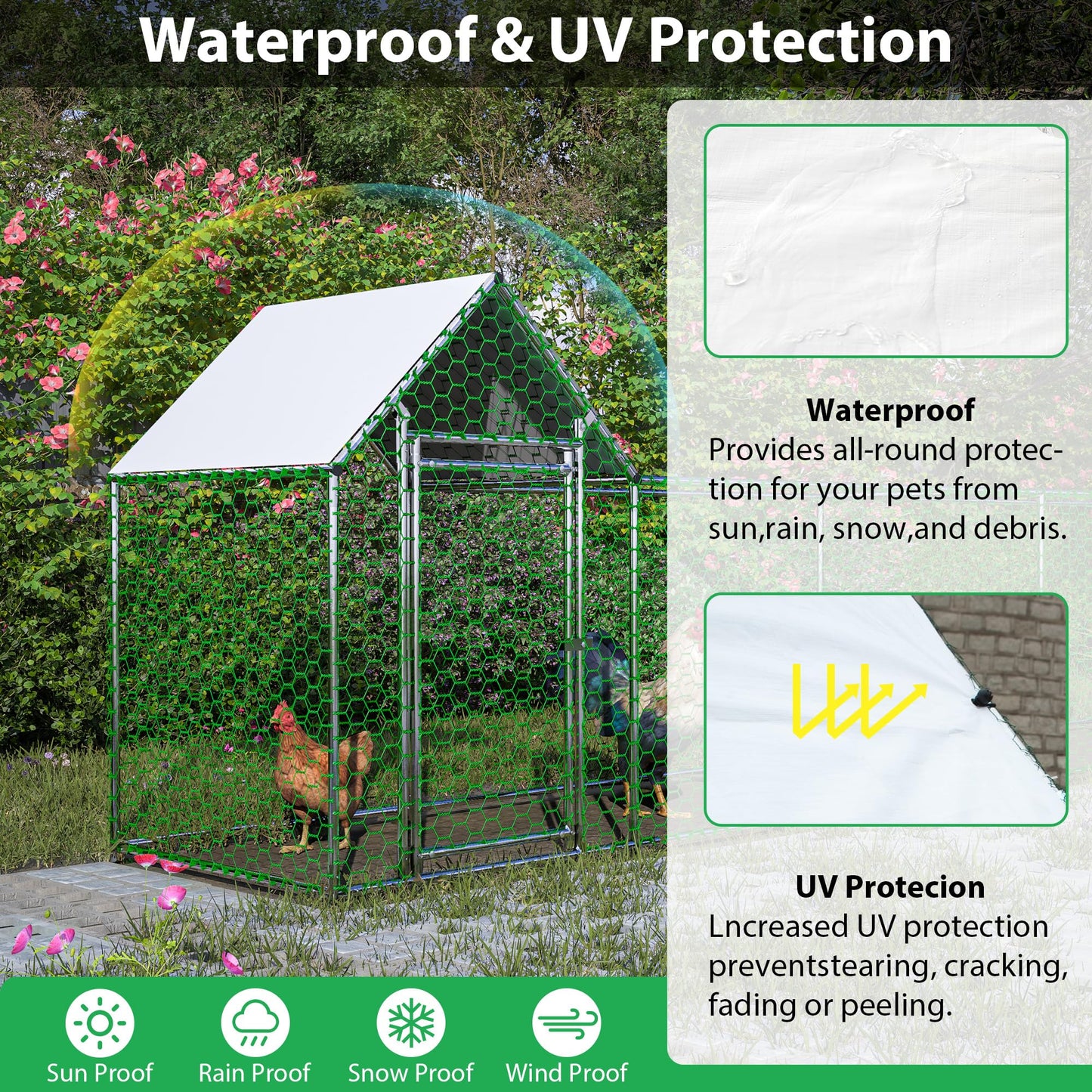 KEIKI Large Metal Chicken Coop, Metal Chicken Run with Waterproof Cover, Farm Poultry Run Hutch Hen House, Outdoor Walk-in Chicken Pen for Poultry Duck Rabbit, 26.08ft x 6.72ft x 6.67ft