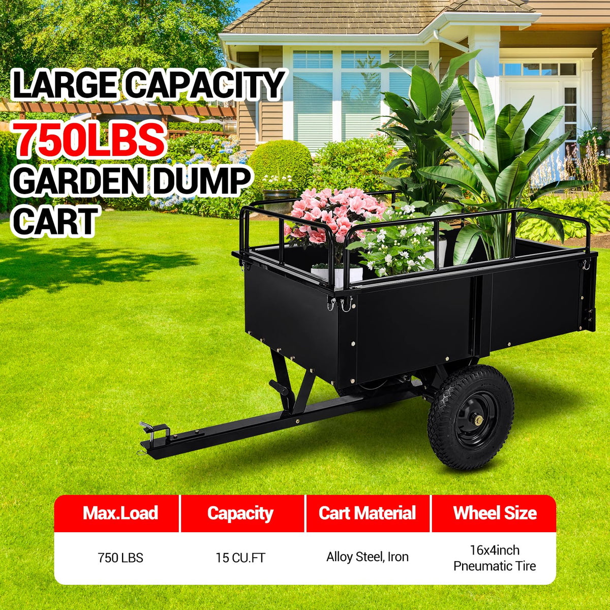Heavy Duty Dump Cart ATV/UTV Trailer, 1600 Lb with Removable Sides & All Terrain Tires Lawn Mower- Gardening Equipment for Yard, Lawn, and Outdoor Use