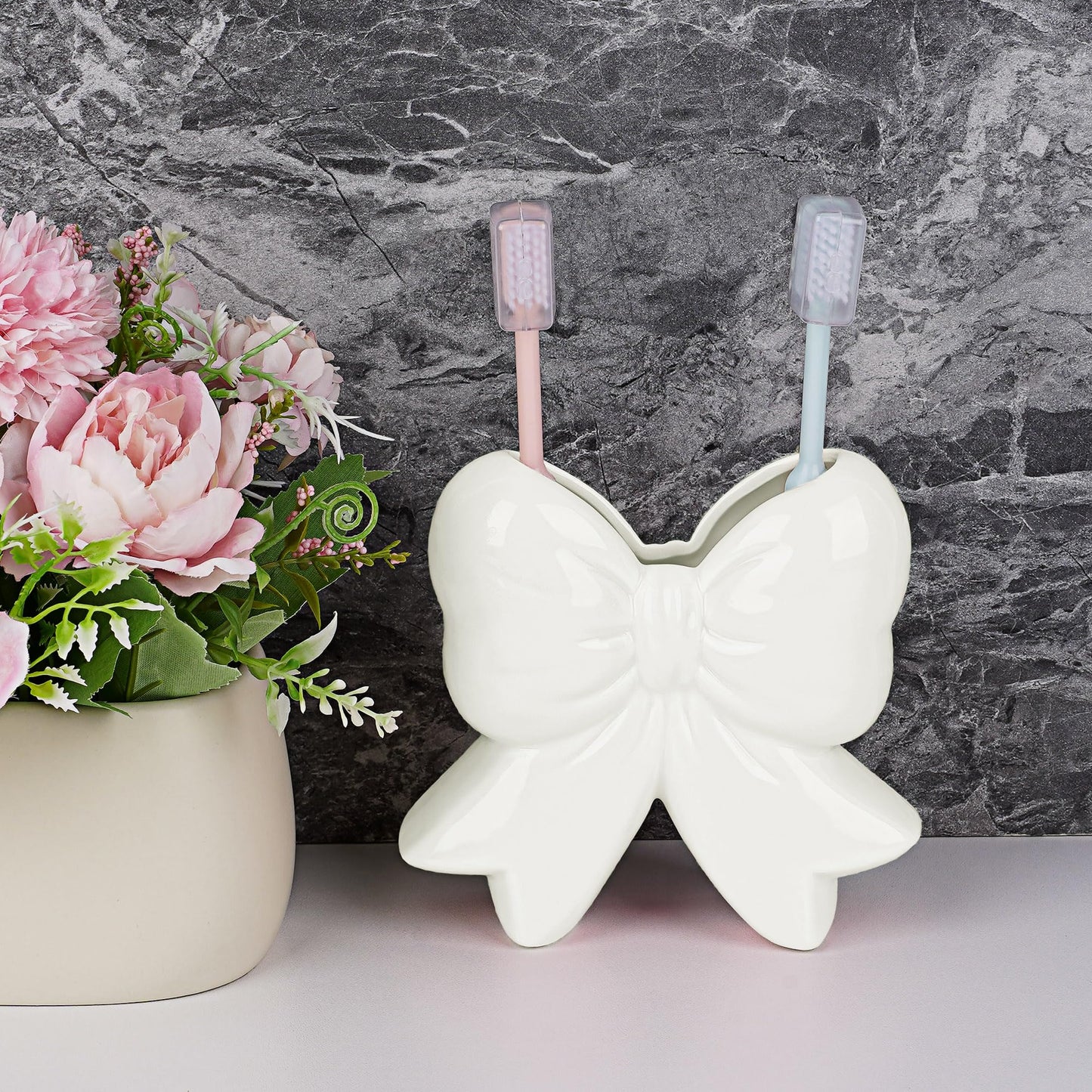 Biiange Cute Toothbrush Holder, Ceramic Bow Toothbrush Holder, with Drain Hole Bathroom Countertop Accessories, for Bathroom Canister Storage Organization, Vanity Makeup Organizer (White)