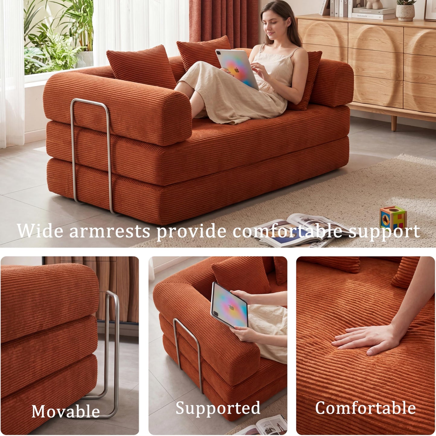 53.15"Boneless Couch,4-in-1 Futon Sofa Bed Modular Loveseat Sleeper Folding Compressed Couch with Pillows,No Assembly Required Convertible Sofa Bed for Living Room Bedroom Guest Room,Orange
