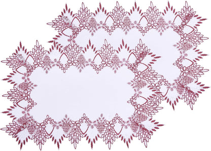 14x20 Set 2 (Set 2, White Dark Red Linen Lace Placemats of Coffee Table Topper Dresser Scarf Place Mats of Dark Red)