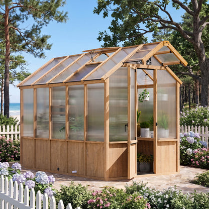 Modern Shade EverBloom 6.5'x10' Wooden Greenhouse, 8' Extra-Tall Cedar Wood Greenhouse with Built-in Outdoor Faucet Kit, Heavy Duty Greenhouse with Built-in Shelving, Power Strip & Ventilation System